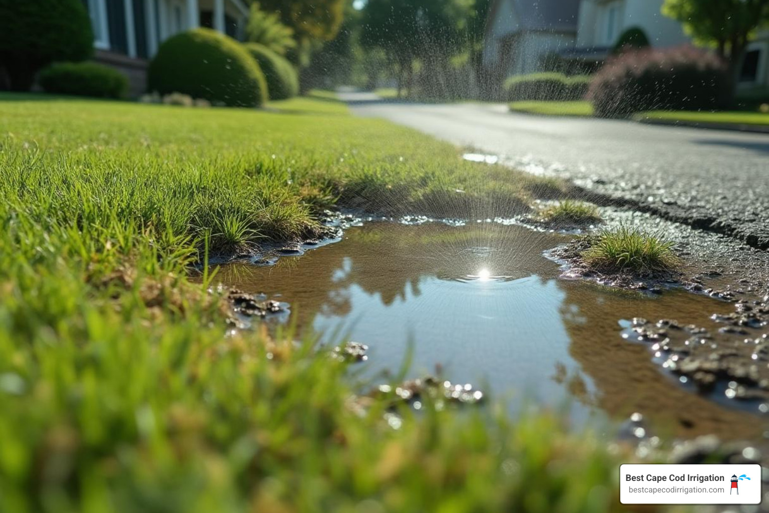 Water damage from irrigation leak creating puddle in lawn - irrigation pipe crack repair Water damage from irrigation leak creating puddle in lawn - irrigation pipe crack repair