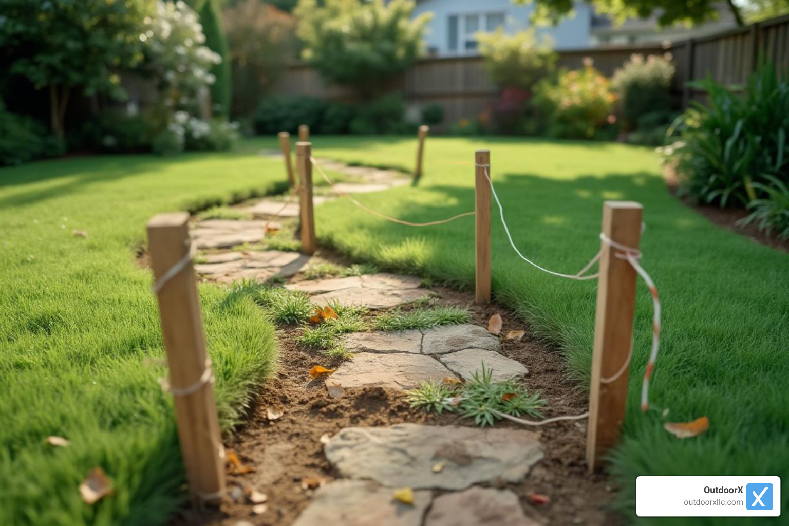 garden path layout with stakes and string - brick walkway installation