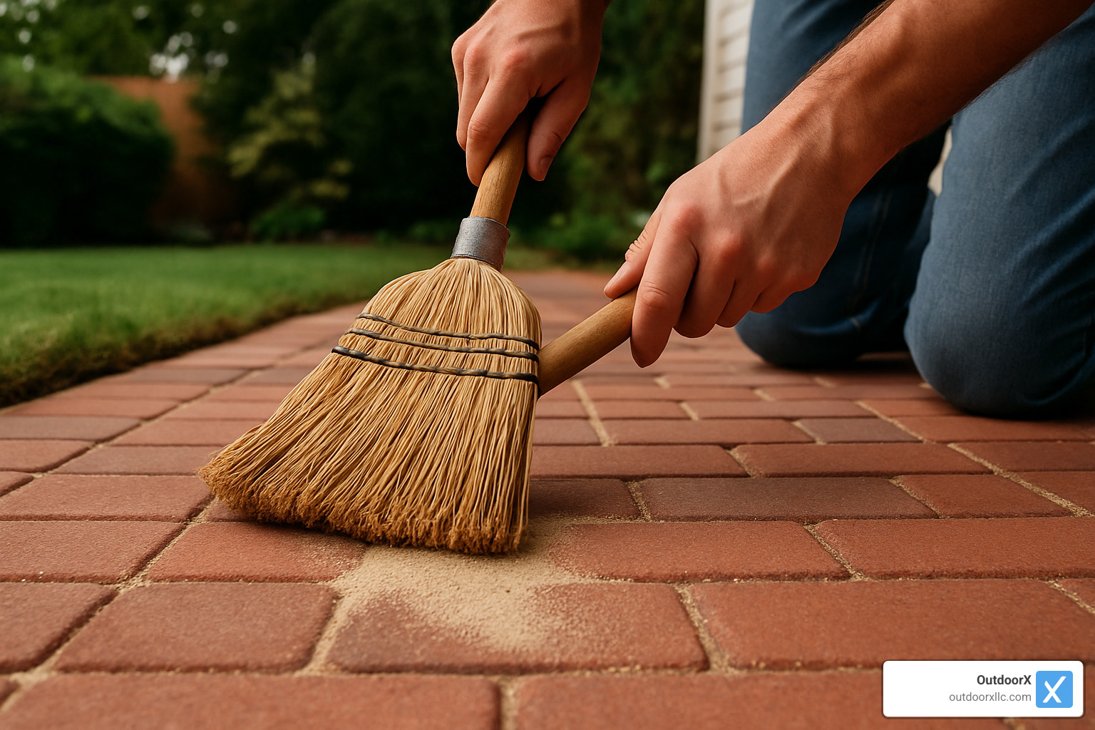 Sweeping sand into brick walkway joints - brick walkway installation