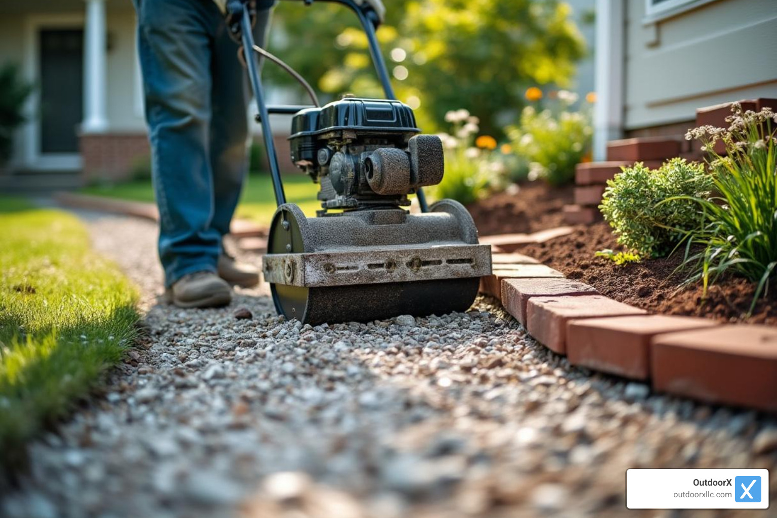 Compacting gravel base for brick walkway - brick walkway installation