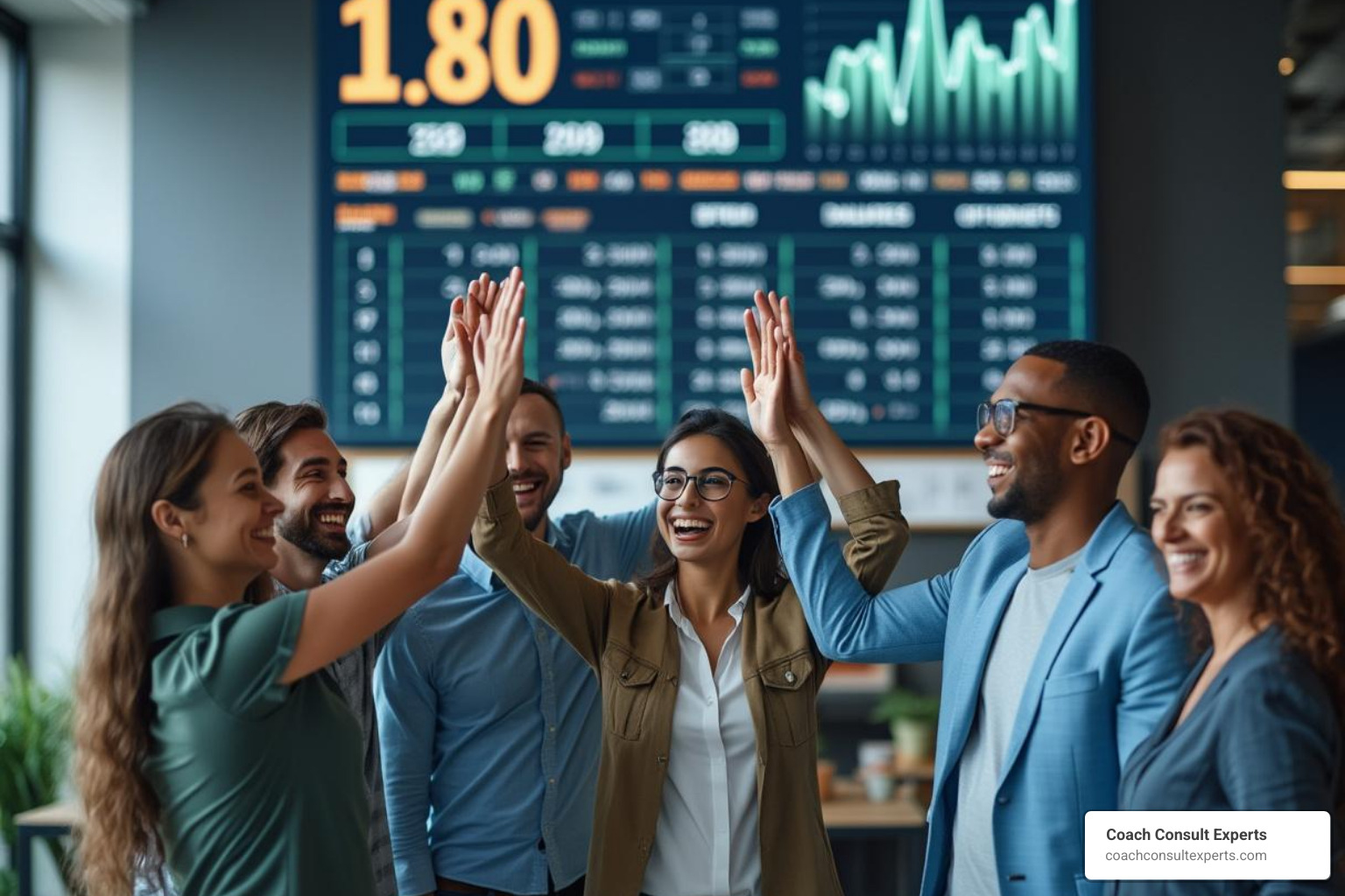 team high-fiving around a scoreboard - winning business strategy