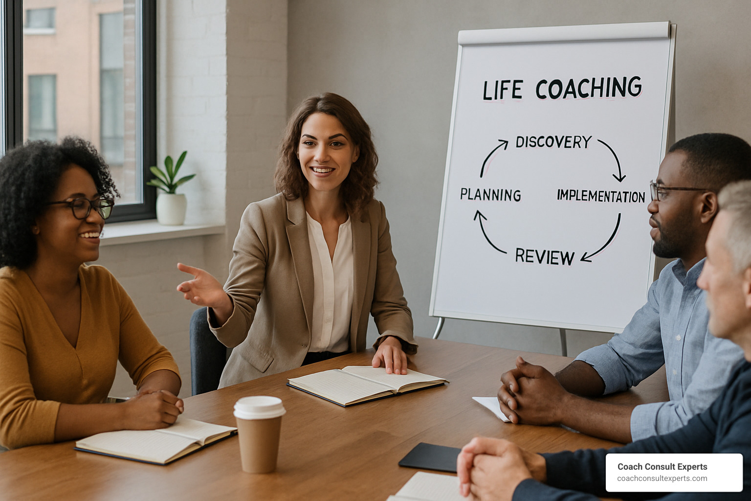 coaching session structure showing findy, planning, implementation, and review phases - mindset coach vs life coach