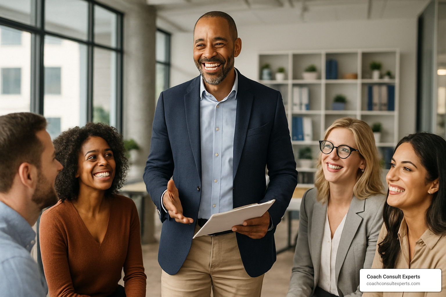 successful confident coach with clients - confident coach