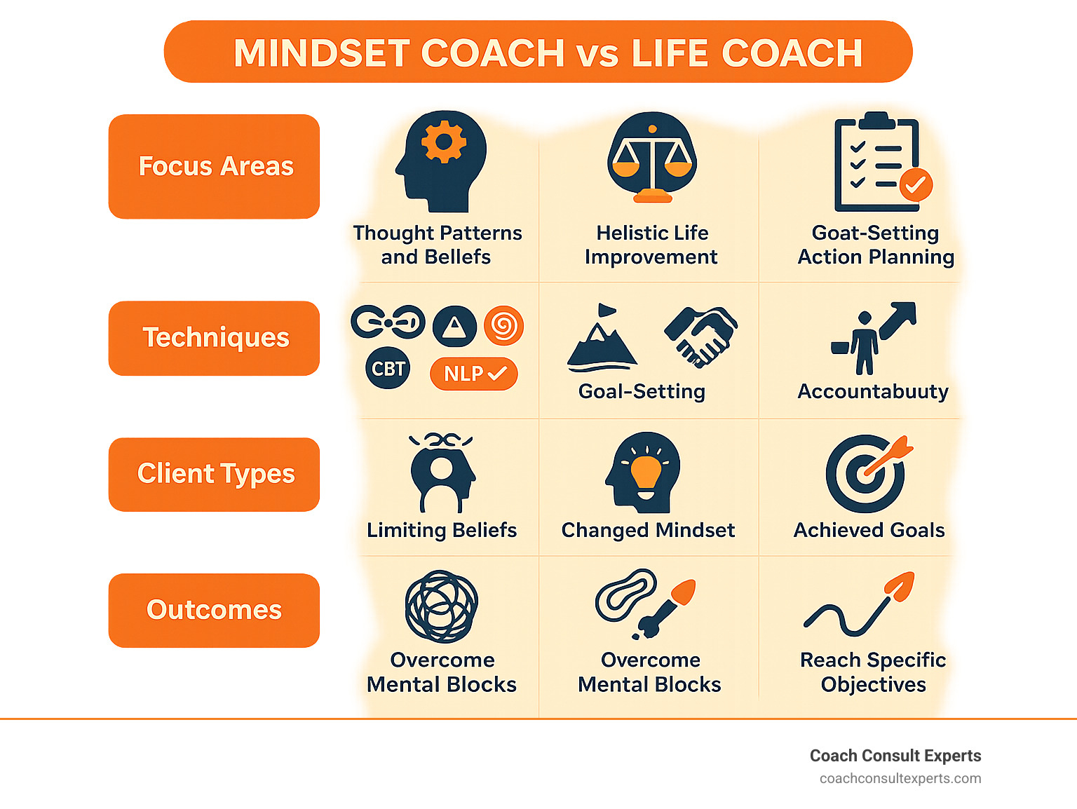 Comparison of mindset coach vs life coach showing focus areas, techniques, client types, outcomes, and when to choose each - mindset coach vs life coach infographic 