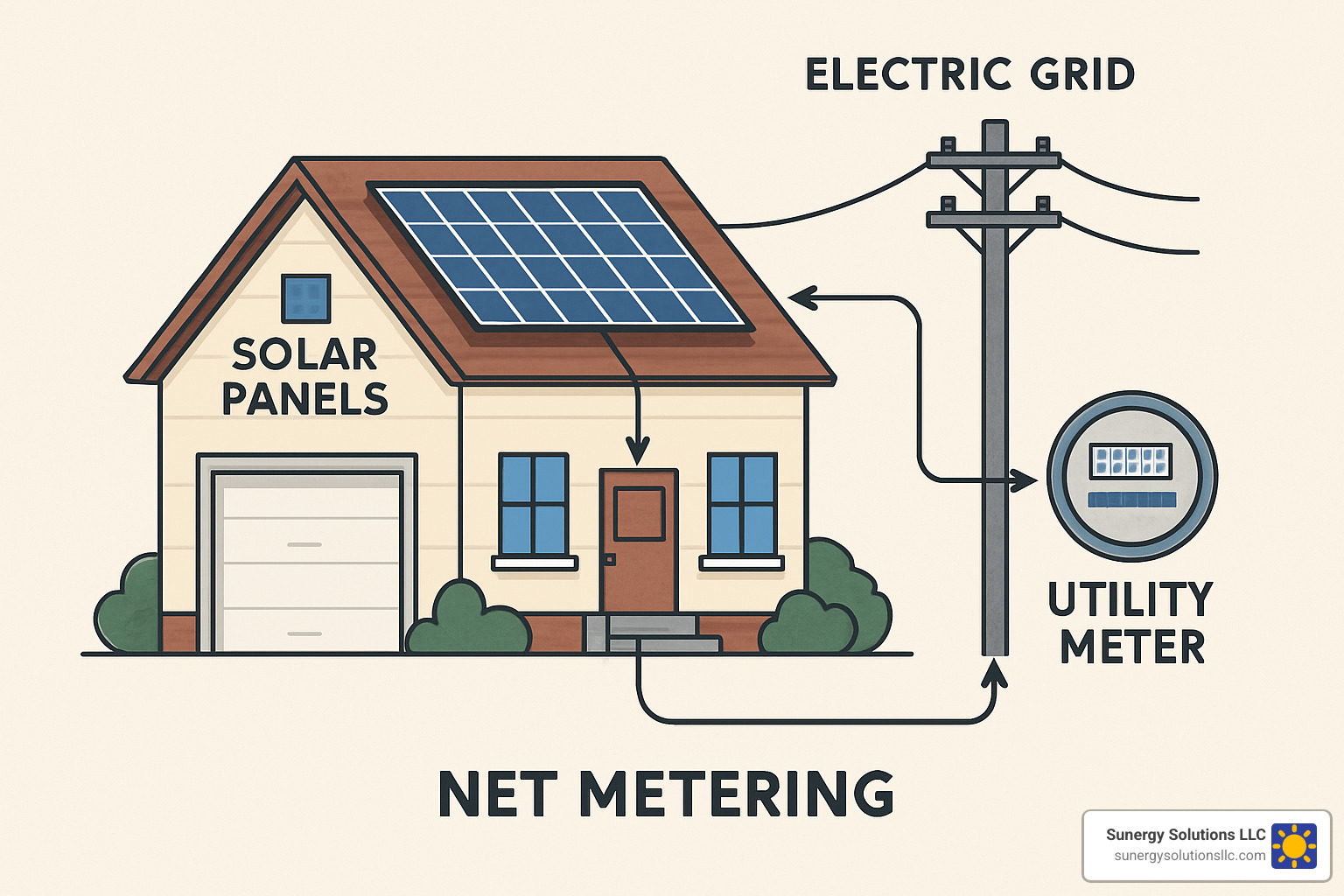 net metering diagram showing home with solar panels connected to grid - affordable solar panels