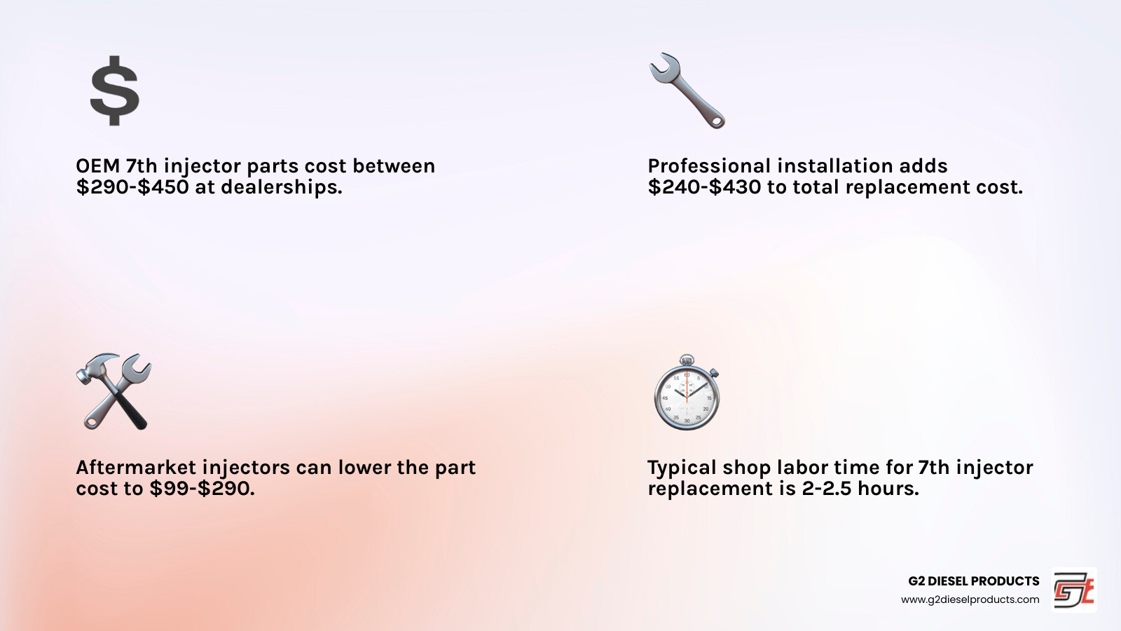 Detailed breakdown of 7th injector costs showing OEM vs aftermarket pricing, labor rates by region, and factors affecting total replacement cost including warranty options - what does the 7th injector cost for a mack truck infographic 4_facts_emoji_light-gradient