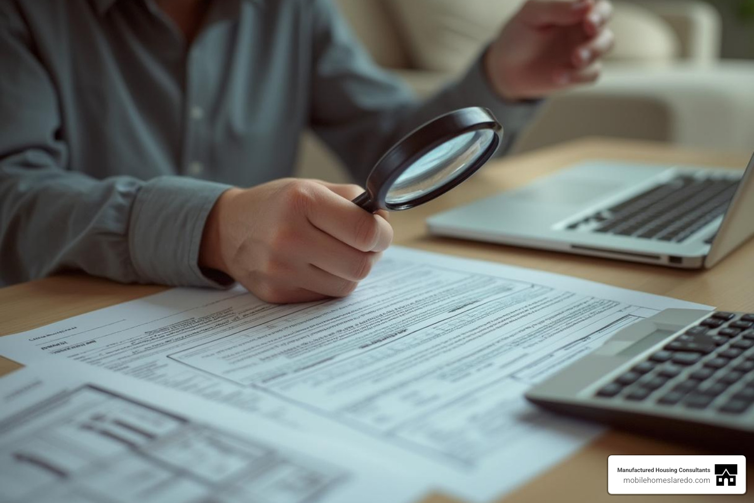 Person reviewing loan documents with a magnifying glass - single wide financing Person reviewing loan documents with a magnifying glass - single wide financing