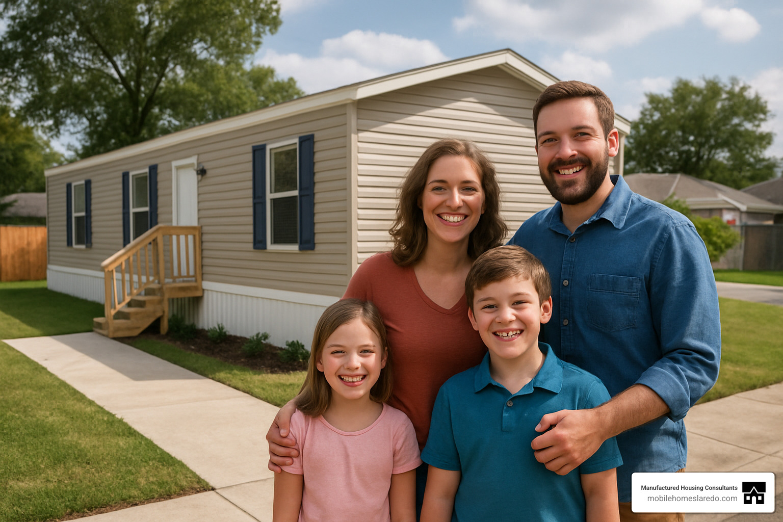Happy family standing in front of their new single wide home - single wide financing Happy family standing in front of their new single wide home - single wide financing