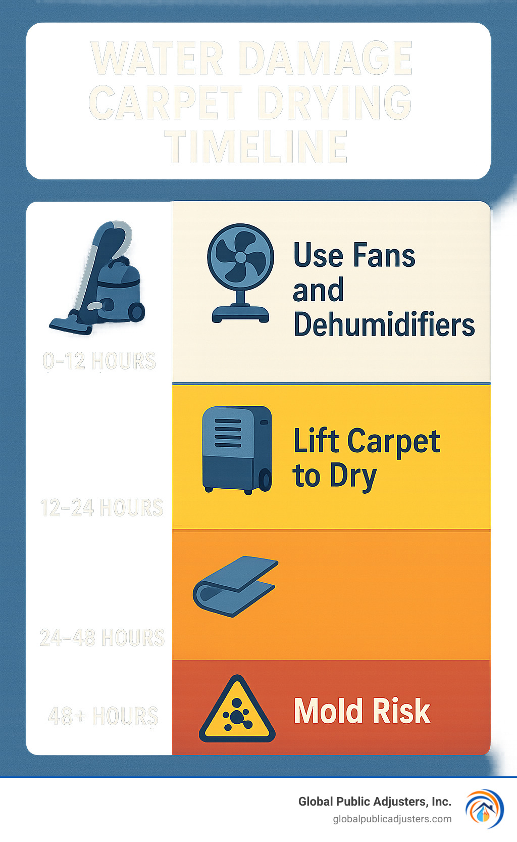 Water damage carpet drying timeline showing extraction methods, equipment needed, and mold risk at different time intervals, with color-coded urgency levels from 0-48+ hours - water damage carpet drying infographic 