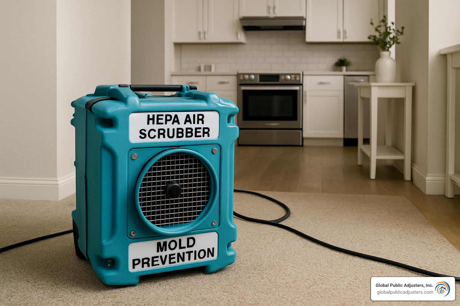HEPA air scrubber used for mold prevention - water damage carpet drying