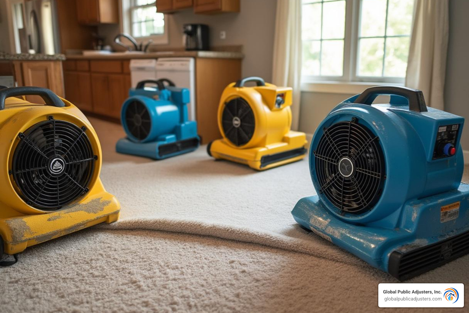 air movers positioned for carpet drying - water damage carpet drying