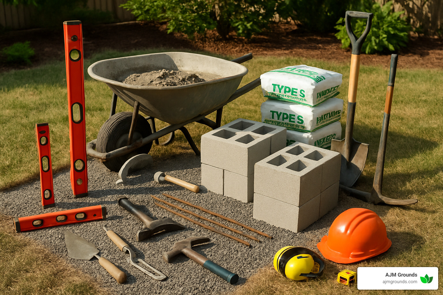 Tools and materials laid out for cinder block wall installation - cinder block wall installation