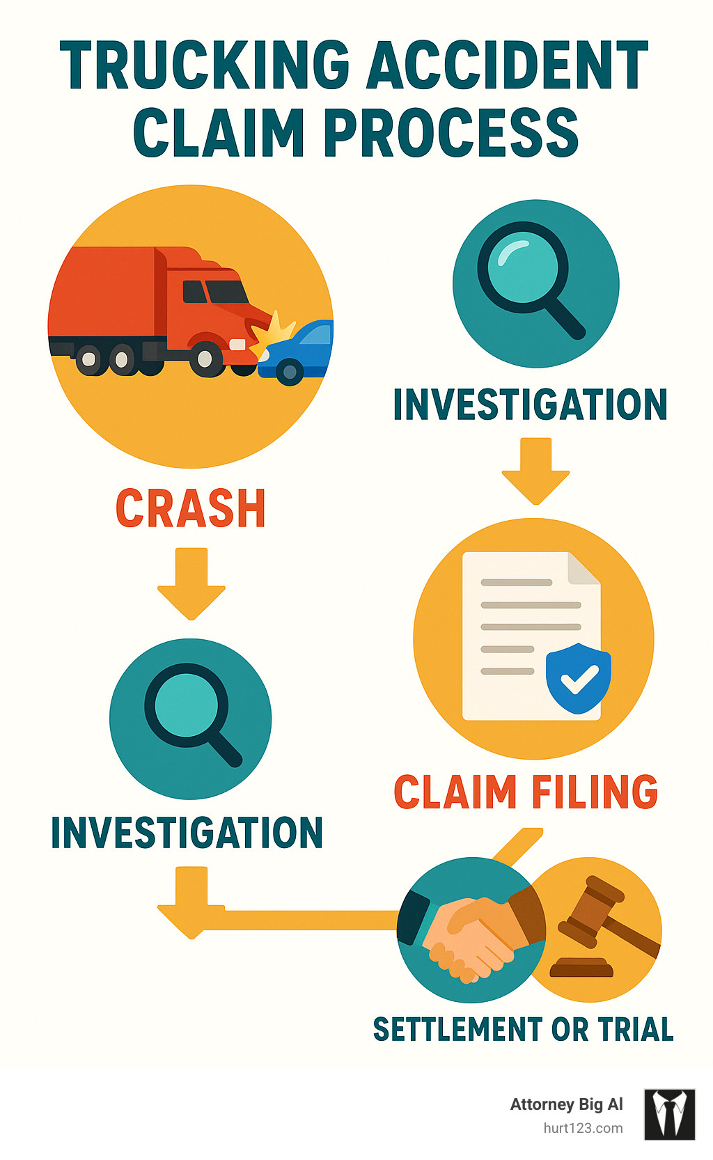 Trucking accident claim process showing timeline from crash through investigation, claim filing, negotiation, and settlement or trial - lawyer for trucking accidents infographic