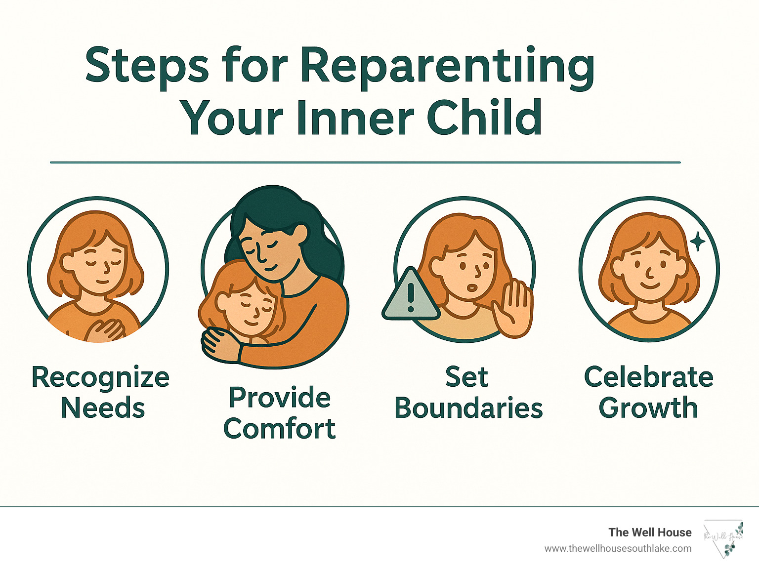Steps for reparenting your inner child, including recognizing needs, providing comfort, setting boundaries, and celebrating growth - mother wound therapist infographic 