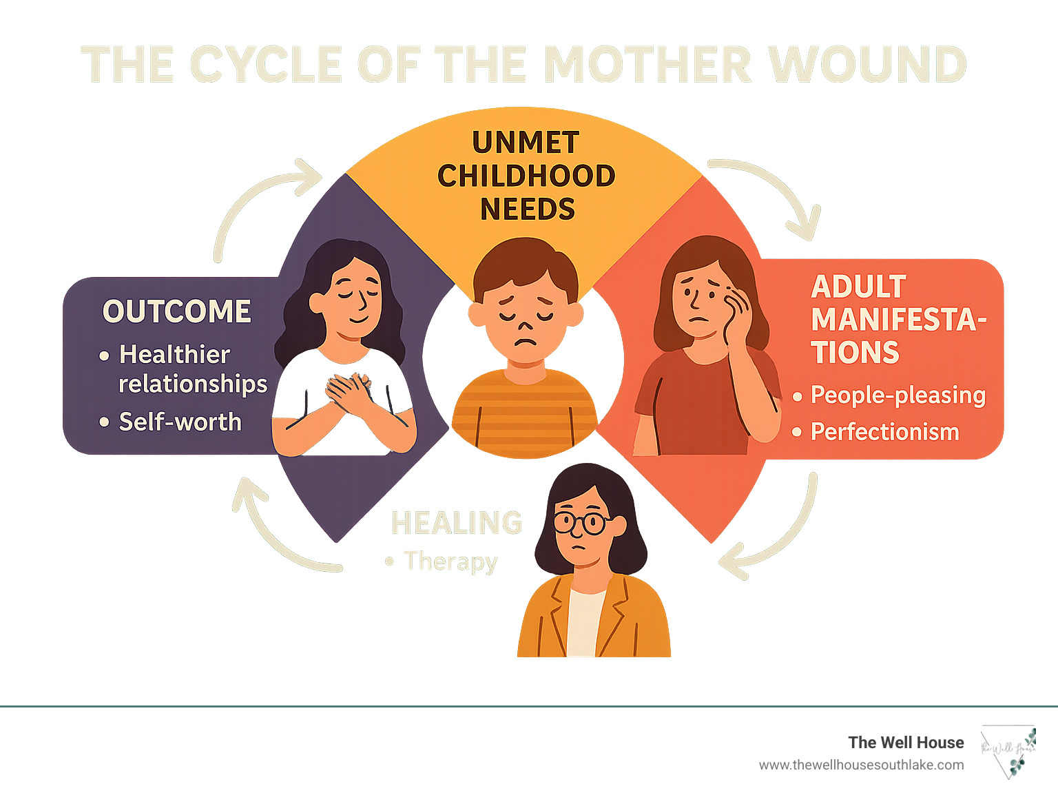 Diagram showing the cycle of the mother wound, including unmet childhood needs, adult manifestations like people-pleasing and perfectionism, healing approaches through therapy, and the outcome of healthier relationships and self-worth - mother wound therapist infographic 