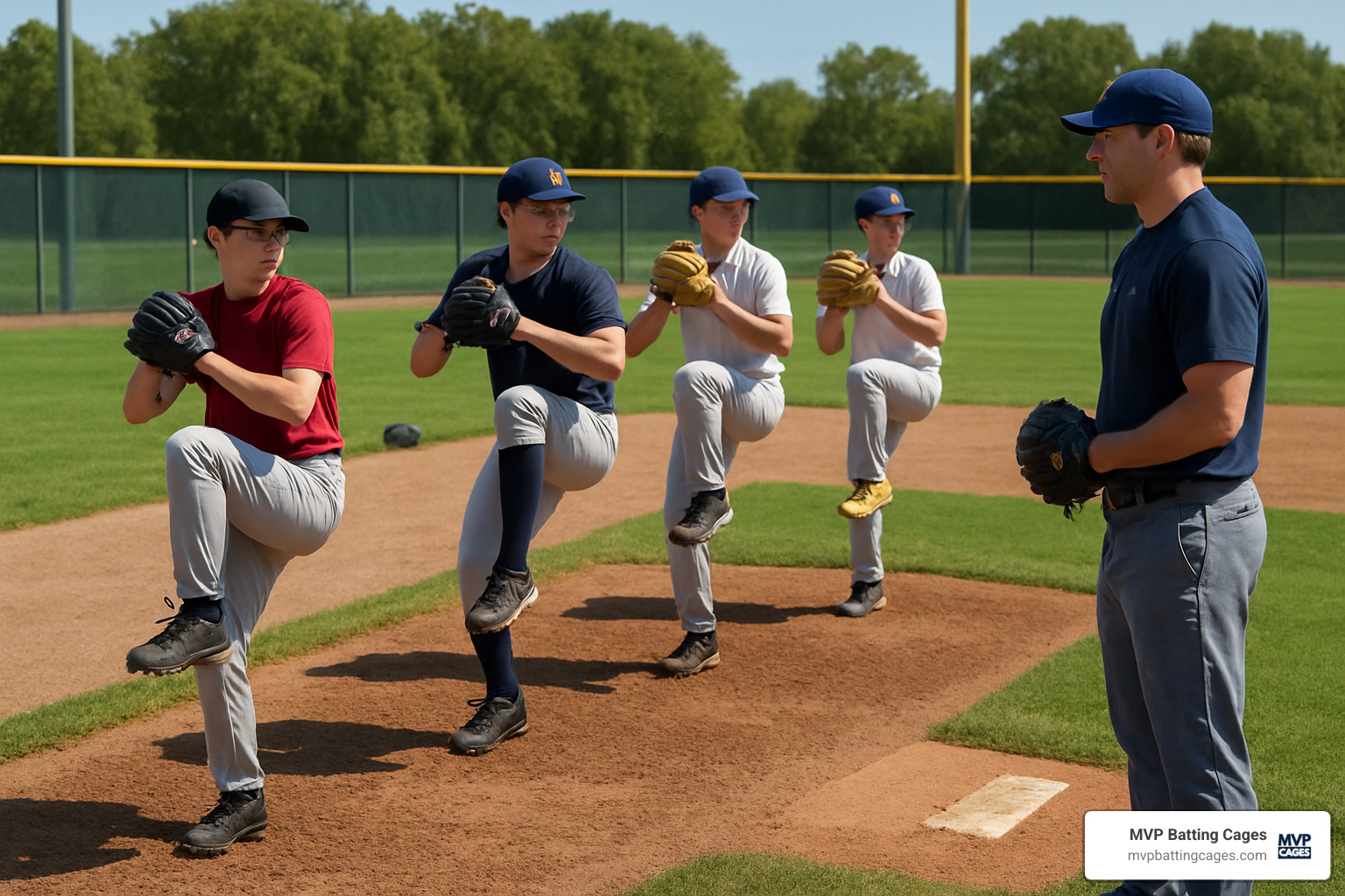group of young pitchers in a bullpen session with coach - pitching clinics near me