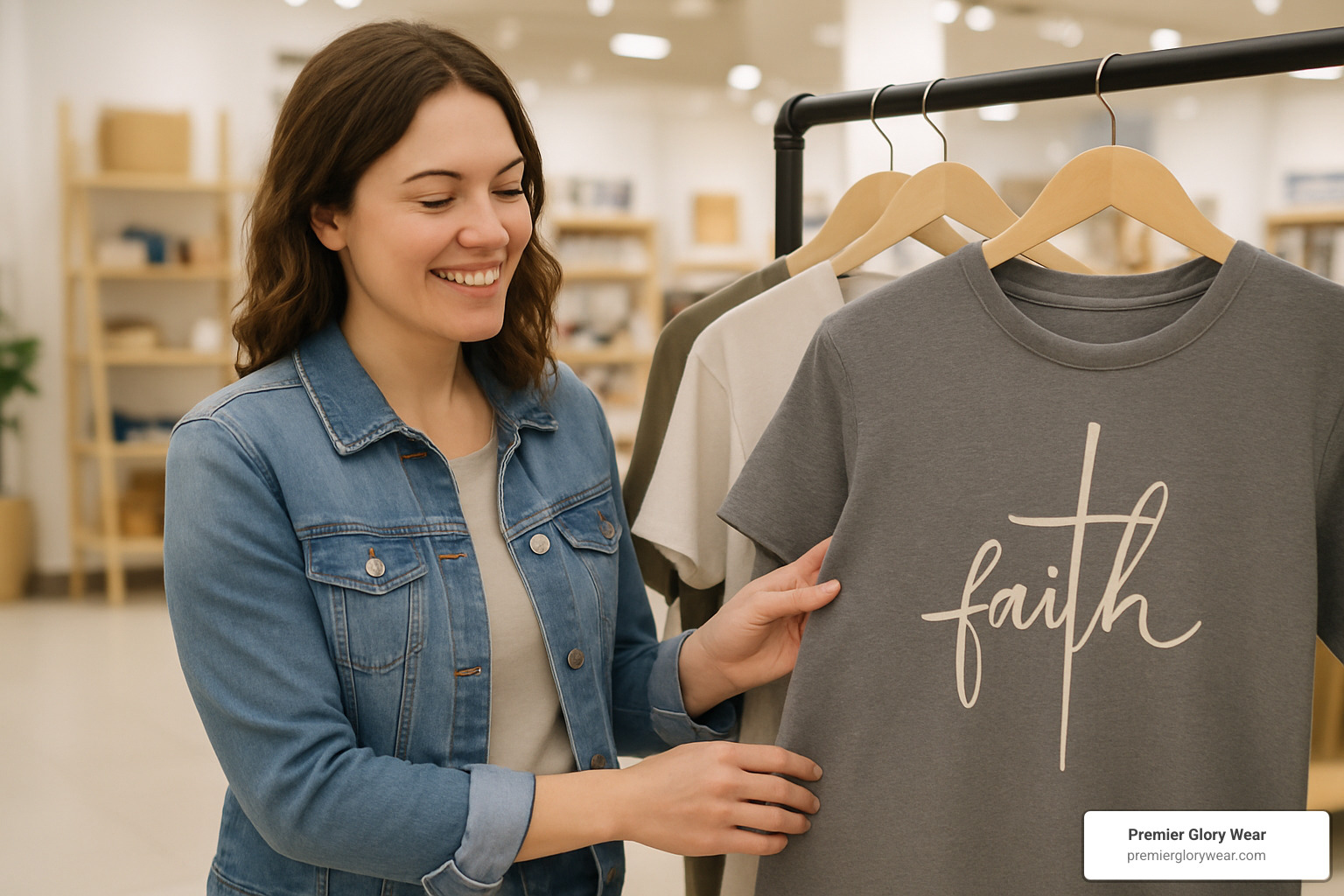 Woman feeling fabric of Christian t-shirt in store - Christian Mom Apparel