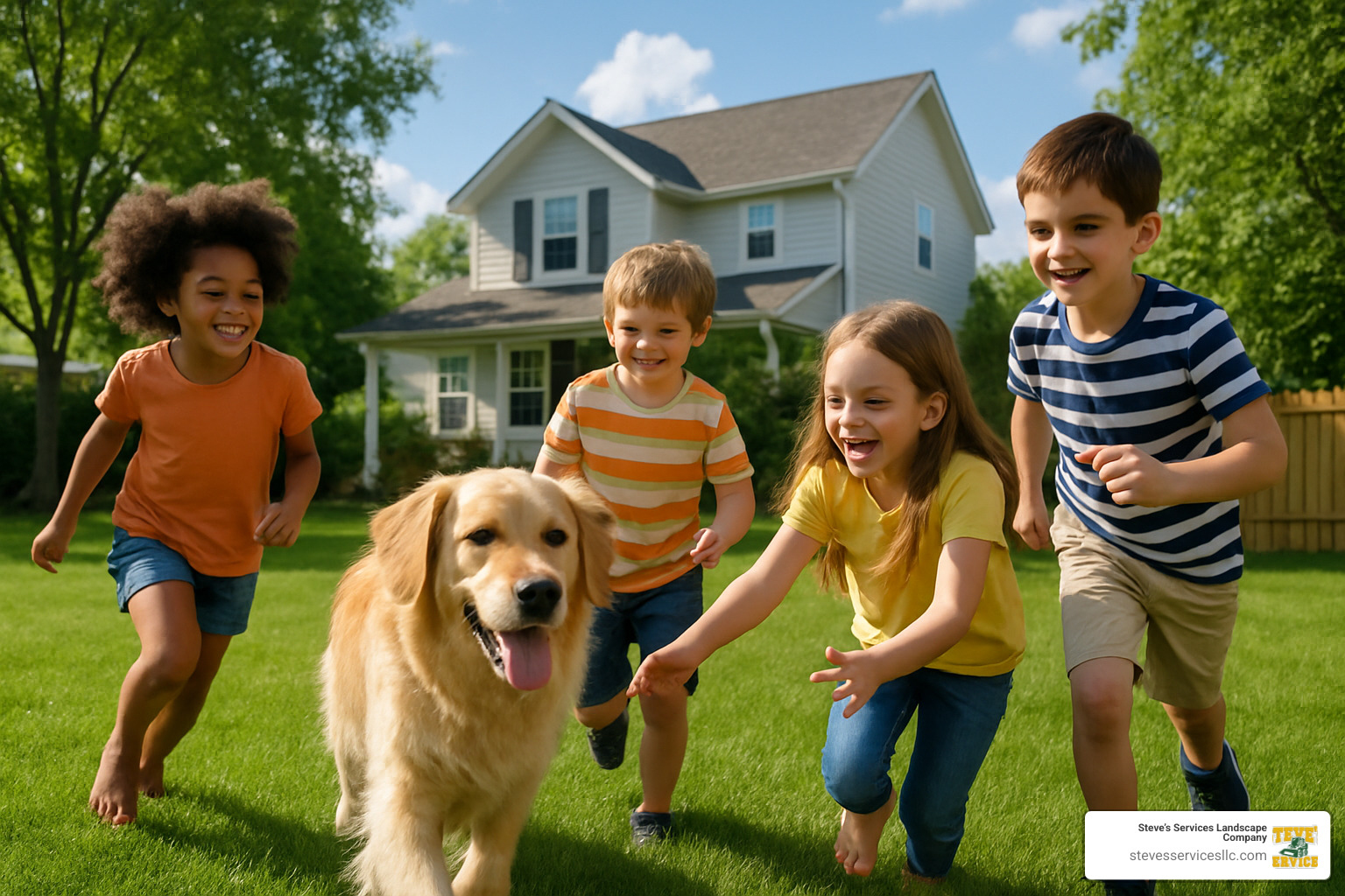children and dog playing on green lawn - liquid lawn feed