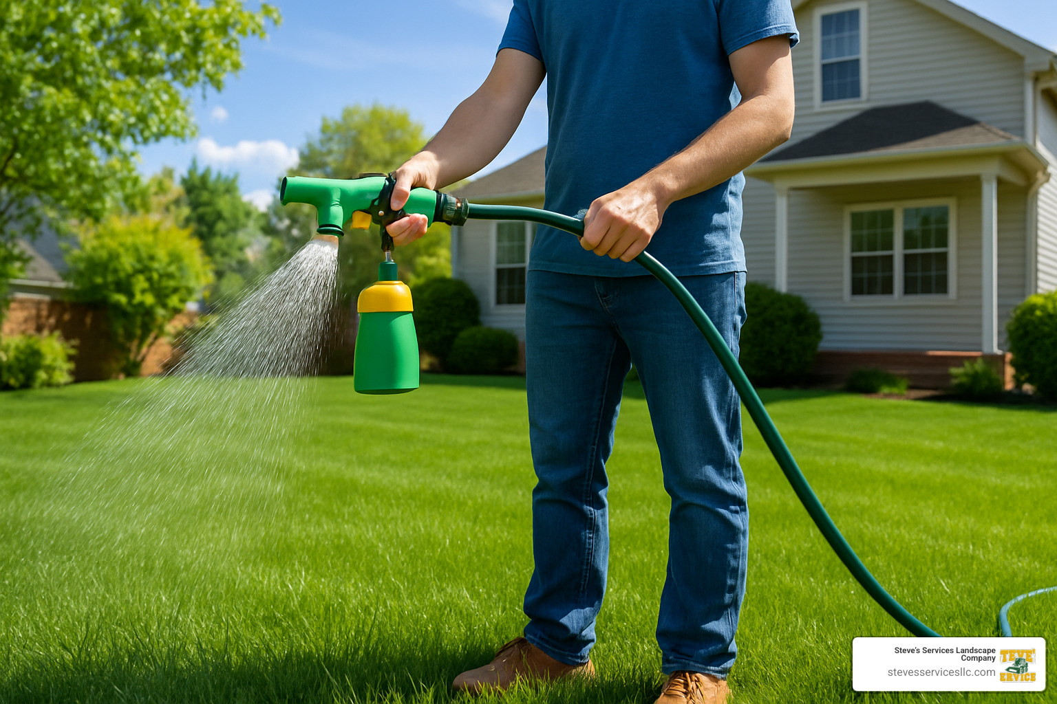 person applying liquid lawn feed with hose-end sprayer - liquid lawn feed