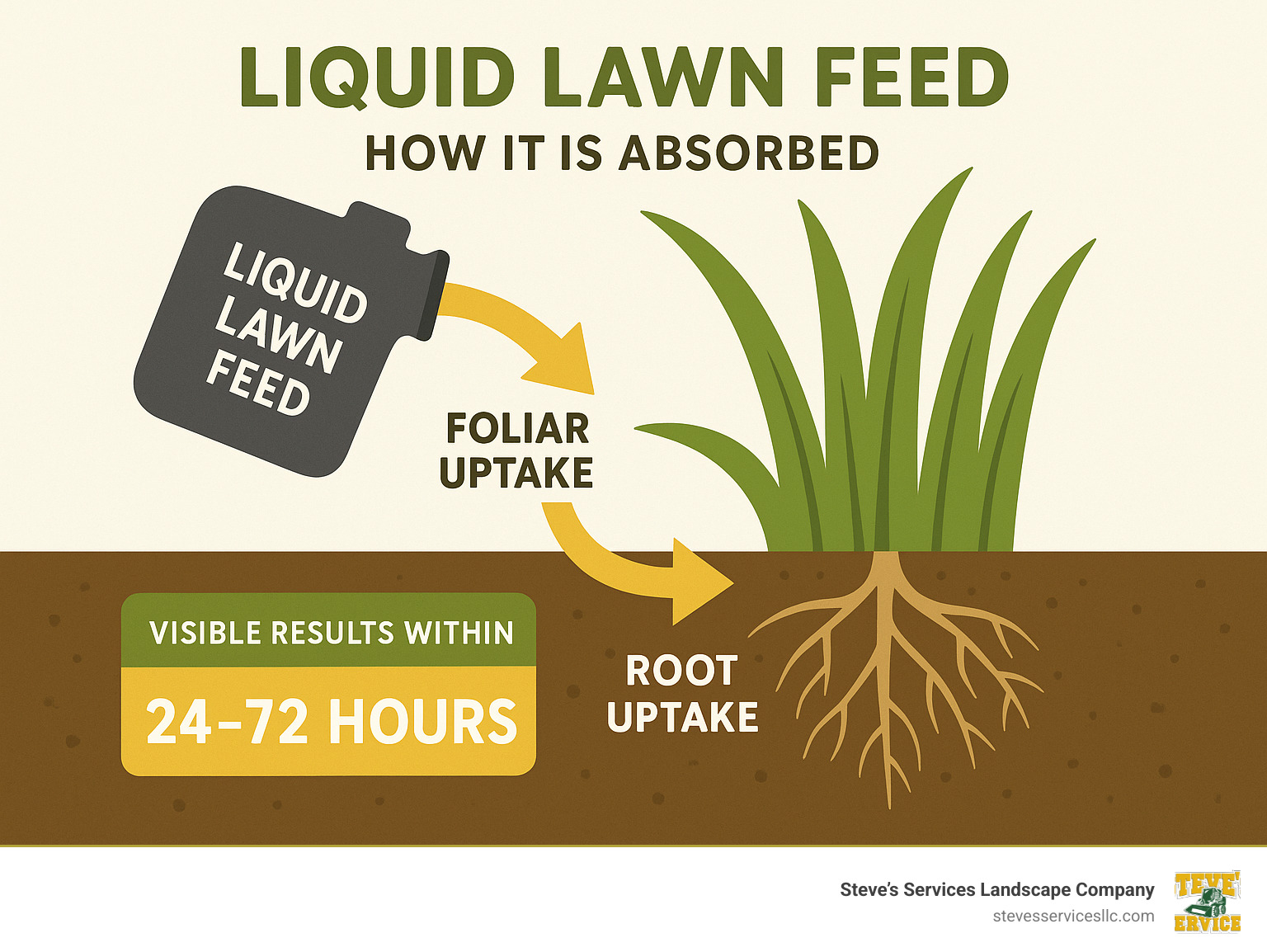 Diagram showing how liquid lawn feed is absorbed through both grass blades and roots, with arrows indicating nutrient movement and timeline of visible results within 24-72 hours - liquid lawn feed infographic 
