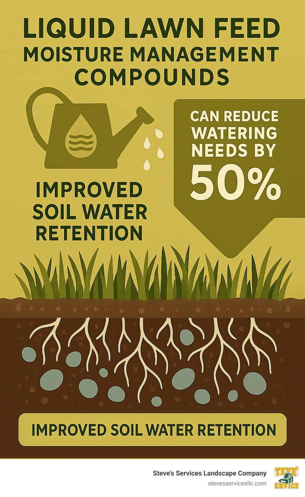 Infographic showing how moisture management compounds in liquid lawn feed can reduce watering needs by up to 50% through improved soil water retention - liquid lawn feed infographic 