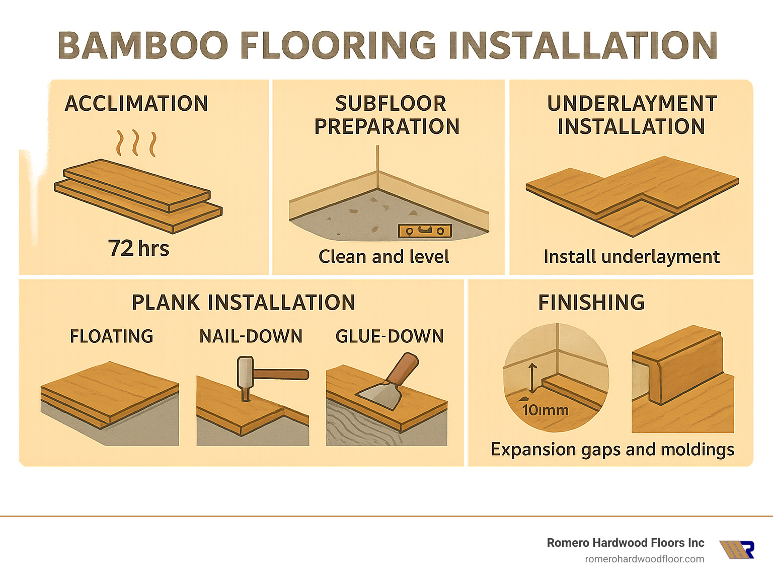 Detailed bamboo flooring installation process showing acclimation, subfloor preparation, underlayment installation, plank installation methods (floating, nail-down, glue-down), and finishing with expansion gaps and moldings - Bamboo flooring installation infographic 