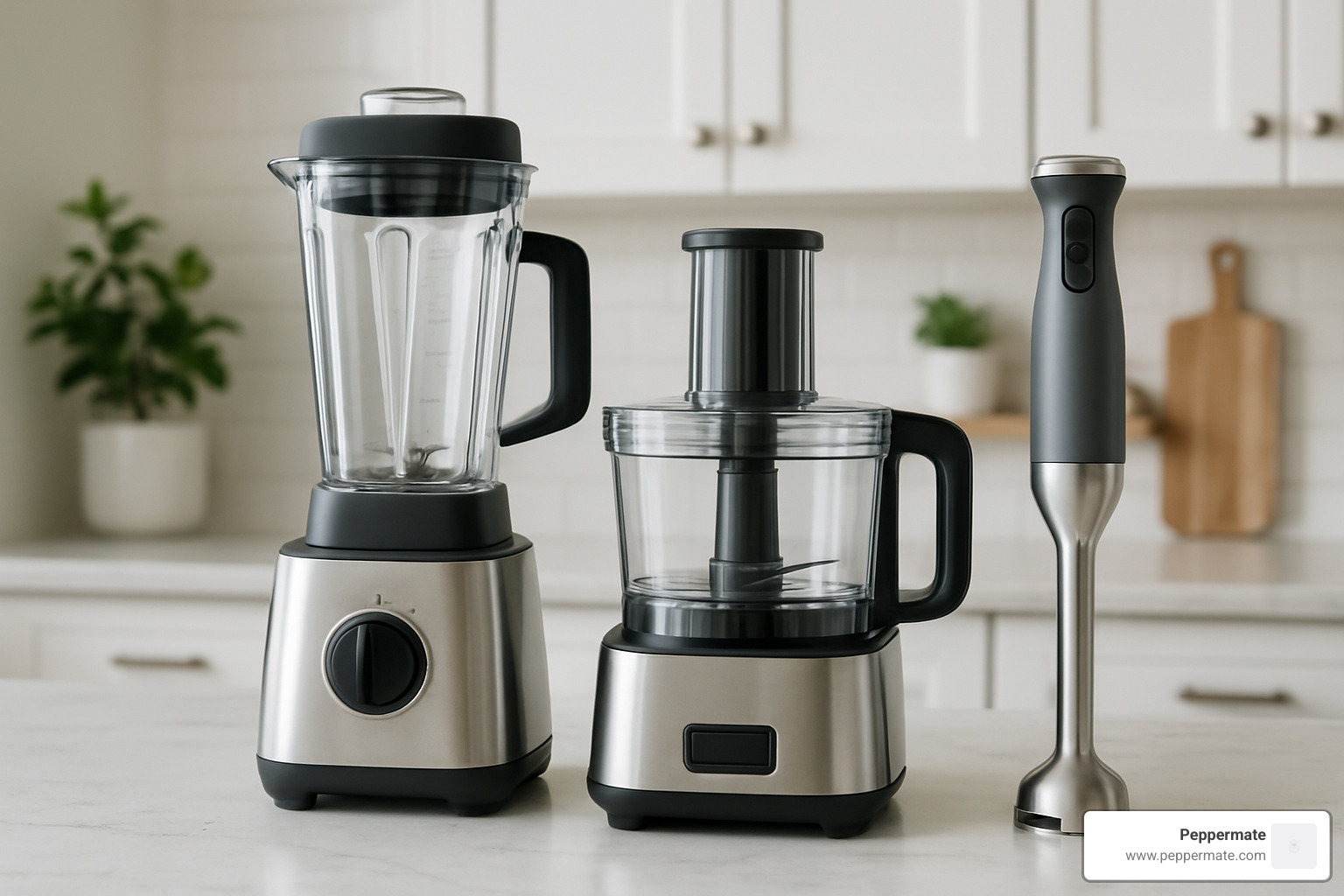 Countertop appliance trio showing blender, food processor and immersion blender - kitchen gift idea