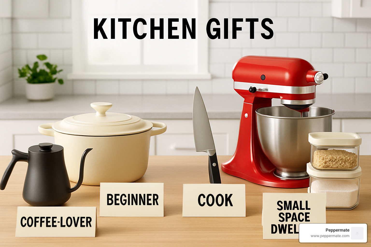 Curated gift table showing items for different types of cooks - kitchen gift idea