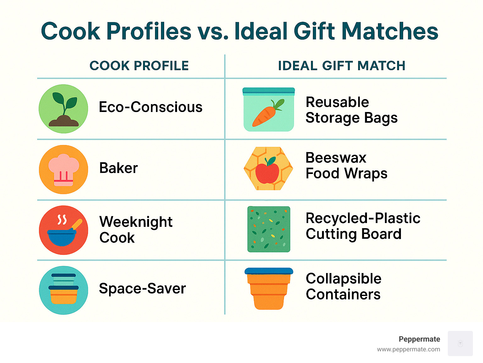 Comparison table of cook profiles versus ideal gift matches - kitchen gift idea infographic 