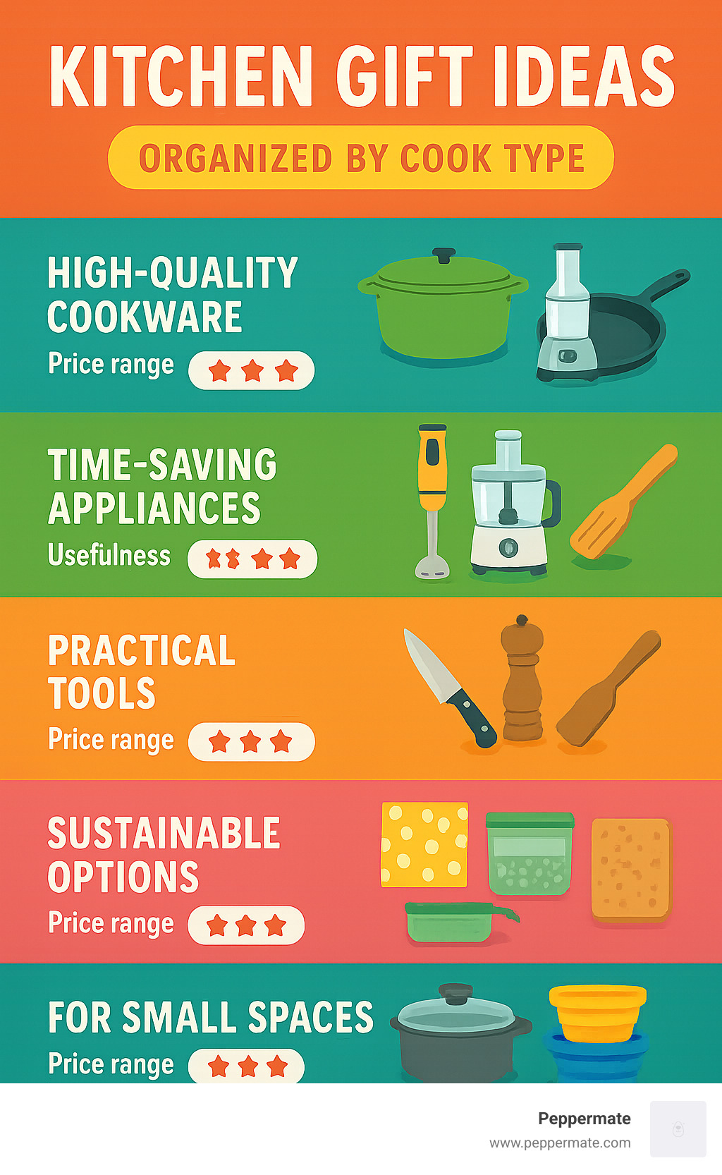 Kitchen gift ideas organized by cook type showing different categories of gifts with price ranges and usefulness ratings - kitchen gift idea infographic 