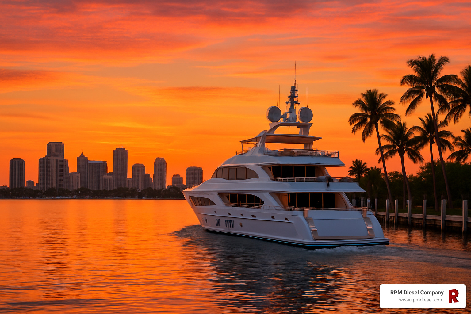 yacht departing at sunset - Marine Diesel Turbocharger Company Fort Lauderdale