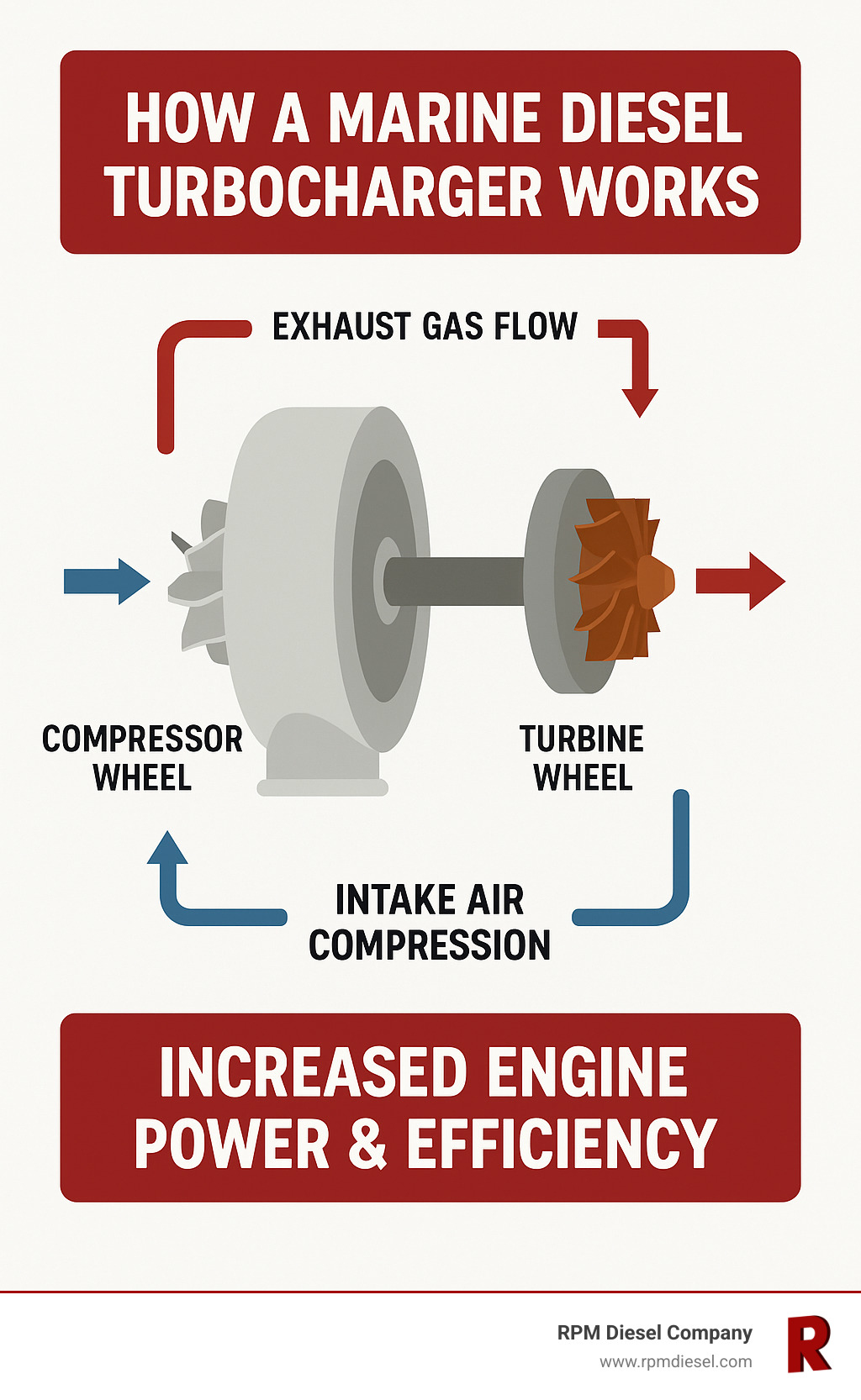 Diagram showing how a marine diesel turbocharger works, including the compressor wheel, turbine wheel, exhaust gas flow, intake air compression, and how it increases engine power and efficiency - Marine Diesel Turbocharger Company Fort Lauderdale infographic 