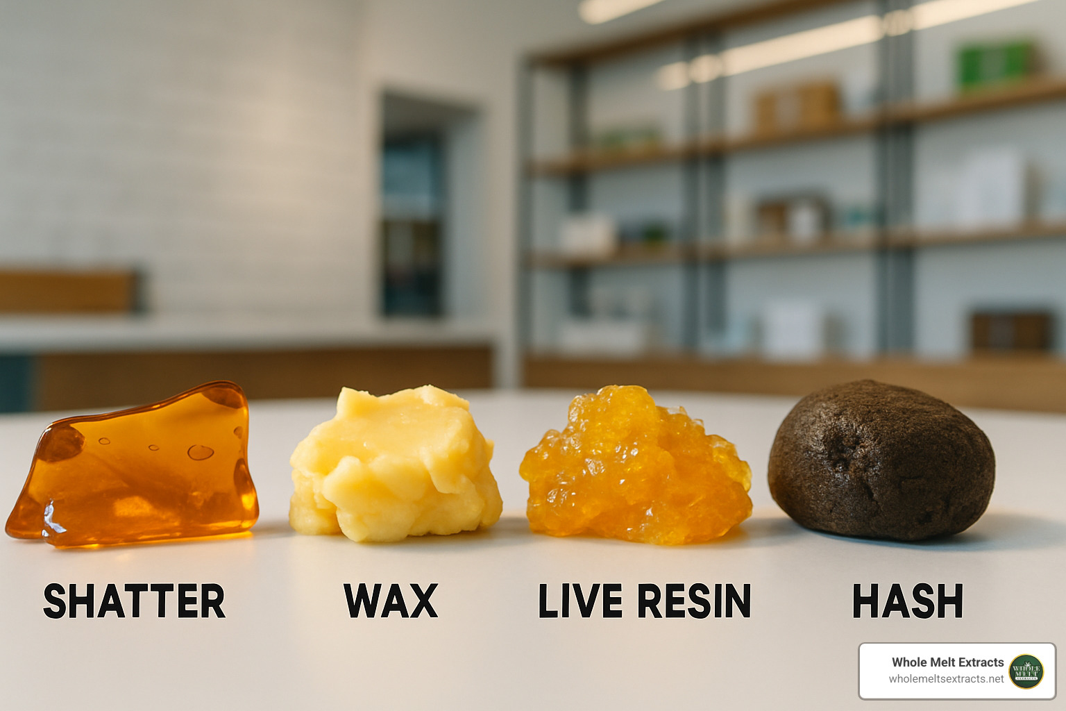 various cannabis concentrate types showing different textures - cannabis concentrates