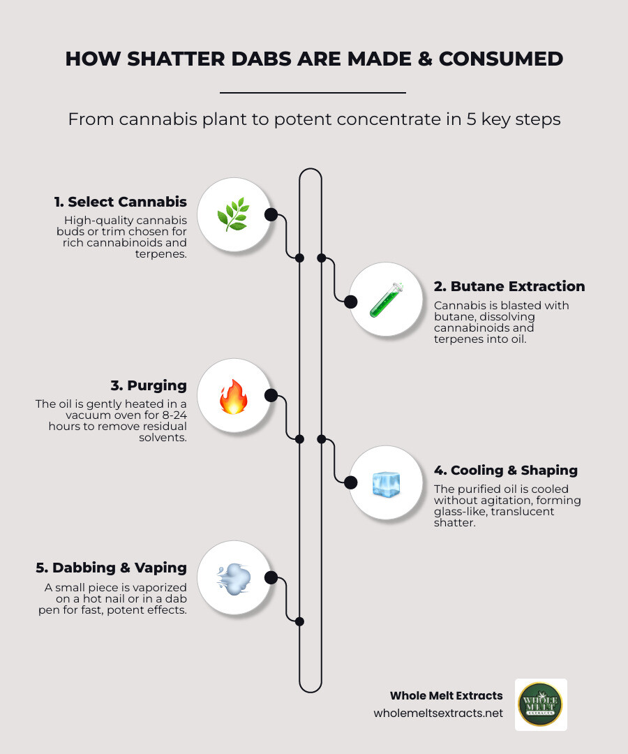 Shatter dabs extraction and consumption process showing butane extraction, purging, final product and consumption methods - shatter dabs infographic infographic-line-5-steps-neat_beige