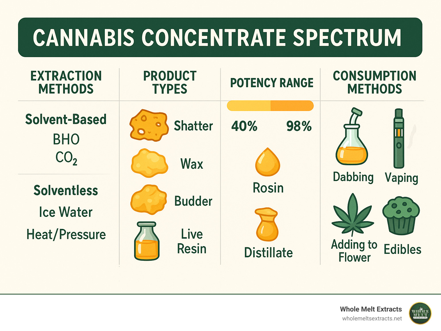 Detailed infographic showing the cannabis concentrate spectrum with extraction methods, product types, potency ranges, and consumption methods side by side - cannabis concentrates infographic 