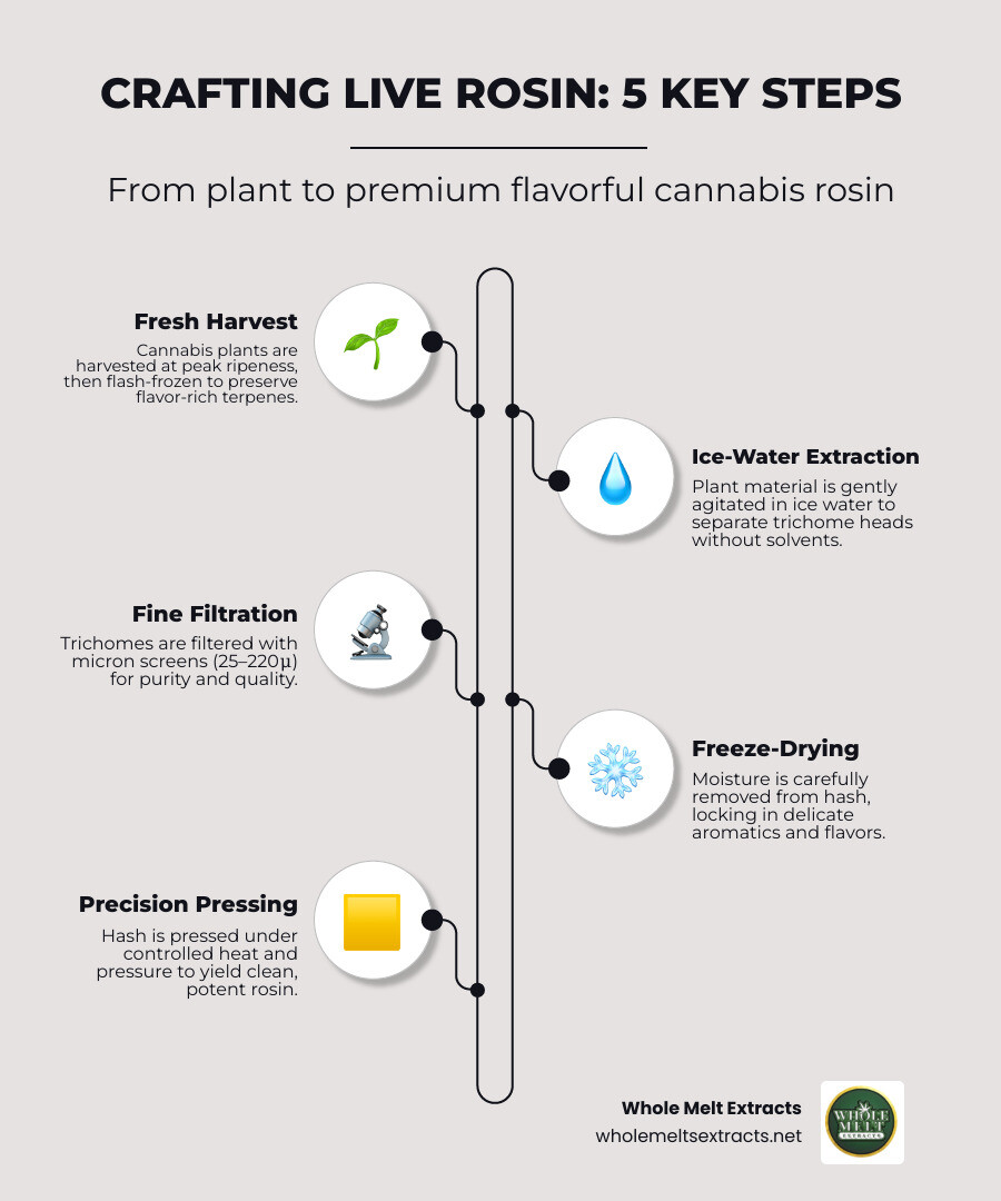 Live rosin production process showing fresh frozen cannabis, bubble hash extraction, freeze drying, and final pressing into golden concentrate - flavorful cannabis rosin infographic infographic-line-5-steps-neat_beige