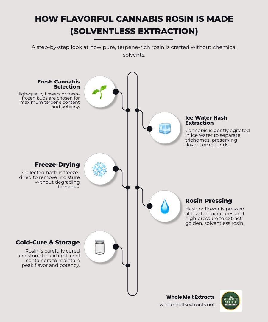 Solventless rosin extraction process showing fresh cannabis being processed through ice water extraction, freeze-drying, and heat pressing to create golden rosin concentrate, with arrows showing each step of the process - flavorful cannabis rosin infographic infographic-line-5-steps-neat_beige