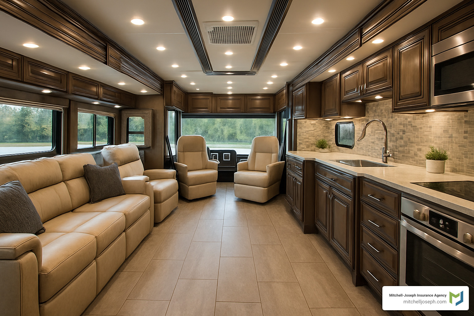 Class A luxury motorhome interior with spacious living area - top rated recreational vehicles