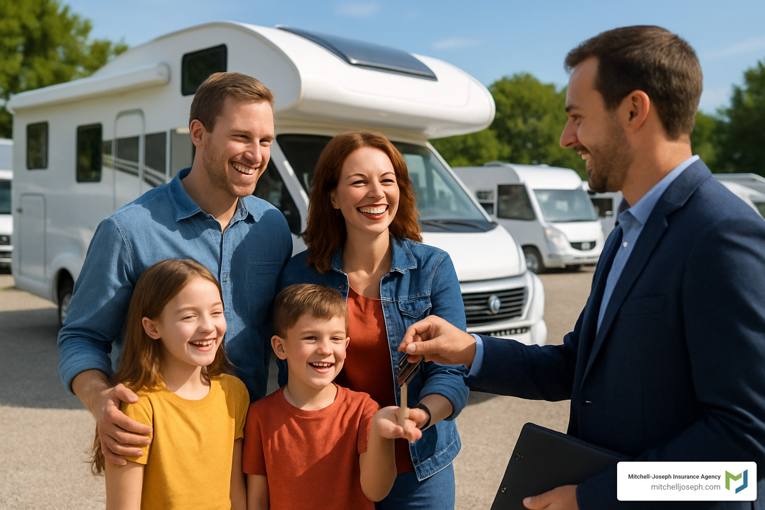 happy family receiving keys to their new RV - top rated recreational vehicles