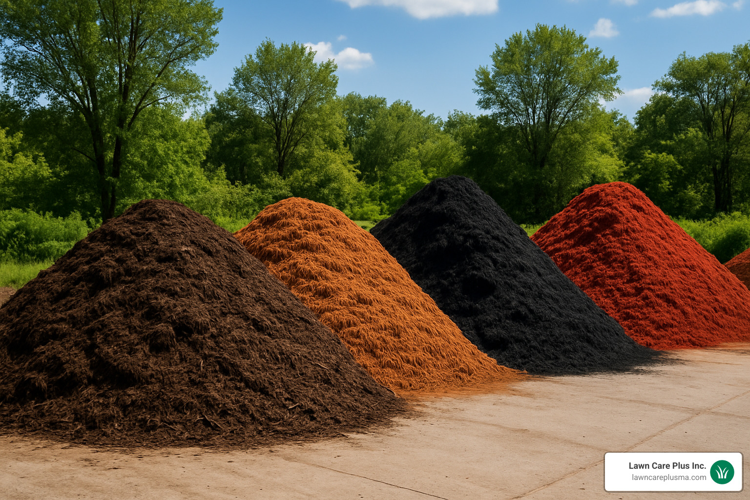 Different types of mulch displayed in bulk piles including organic hardwood, cedar, and dyed varieties - landscape dedham