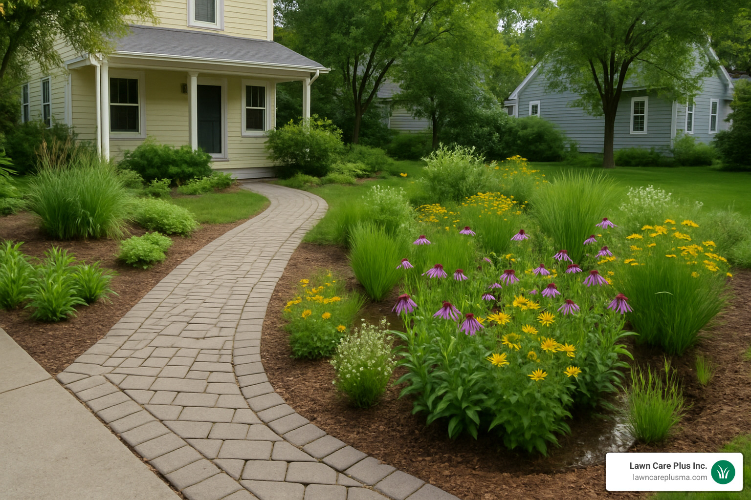 Sustainable landscape design featuring native plants, permeable pavers and rain garden elements - landscape dedham