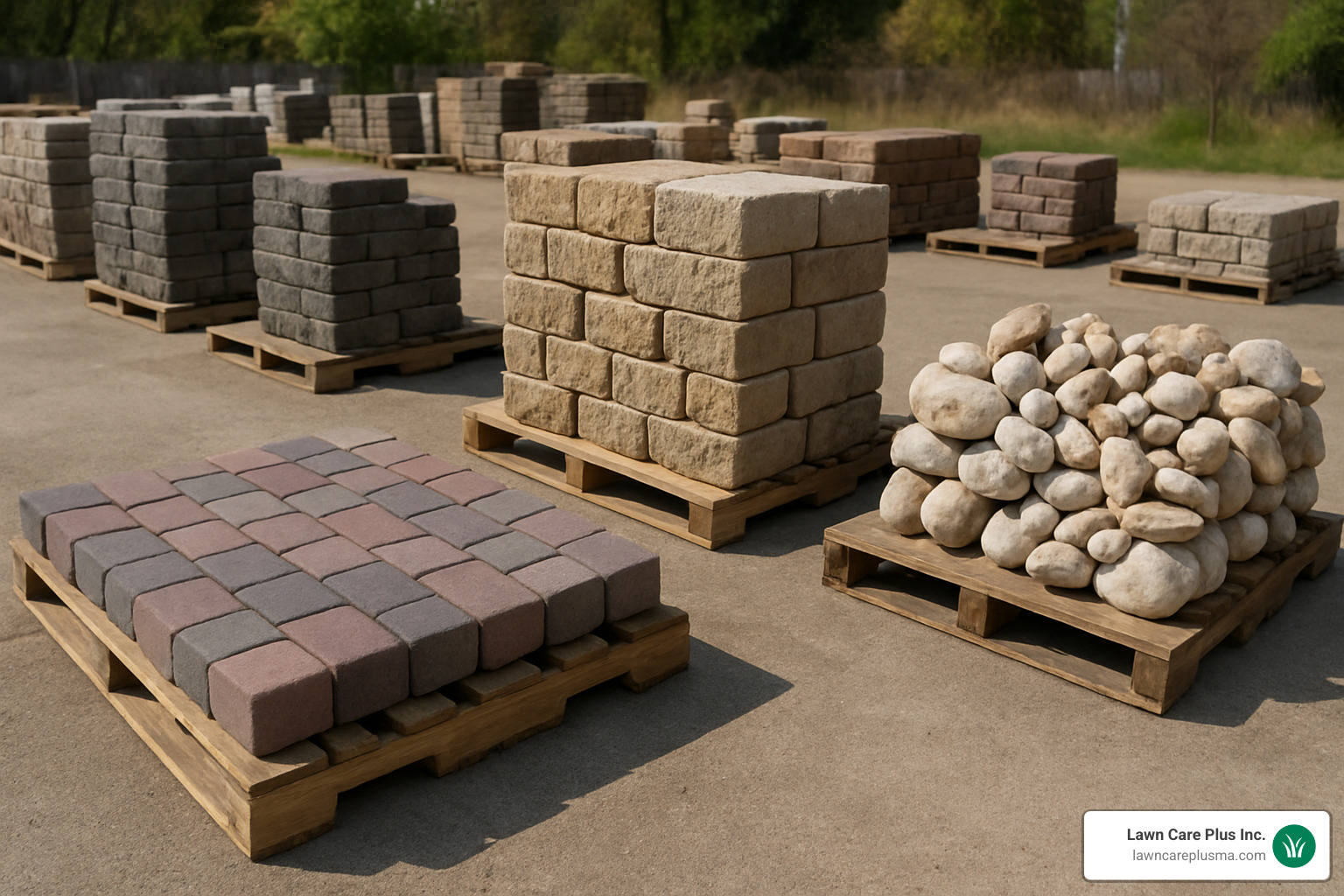 Various stone materials displayed on pallets including pavers, wall blocks, and decorative stone - landscape dedham
