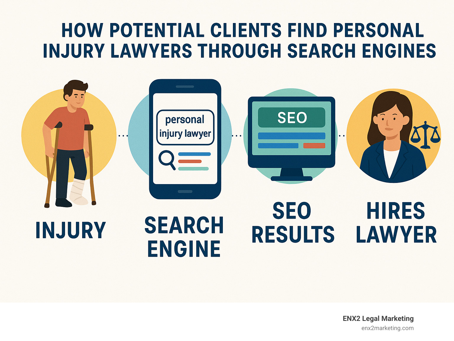 How potential clients find personal injury lawyers through search engines, showing the journey from injury to hiring a lawyer through SEO touchpoints - why does seo for personal injury lawyers matter infographic How potential clients find personal injury lawyers through search engines, showing the journey from injury to hiring a lawyer through SEO touchpoints - why does seo for personal injury lawyers matter infographic