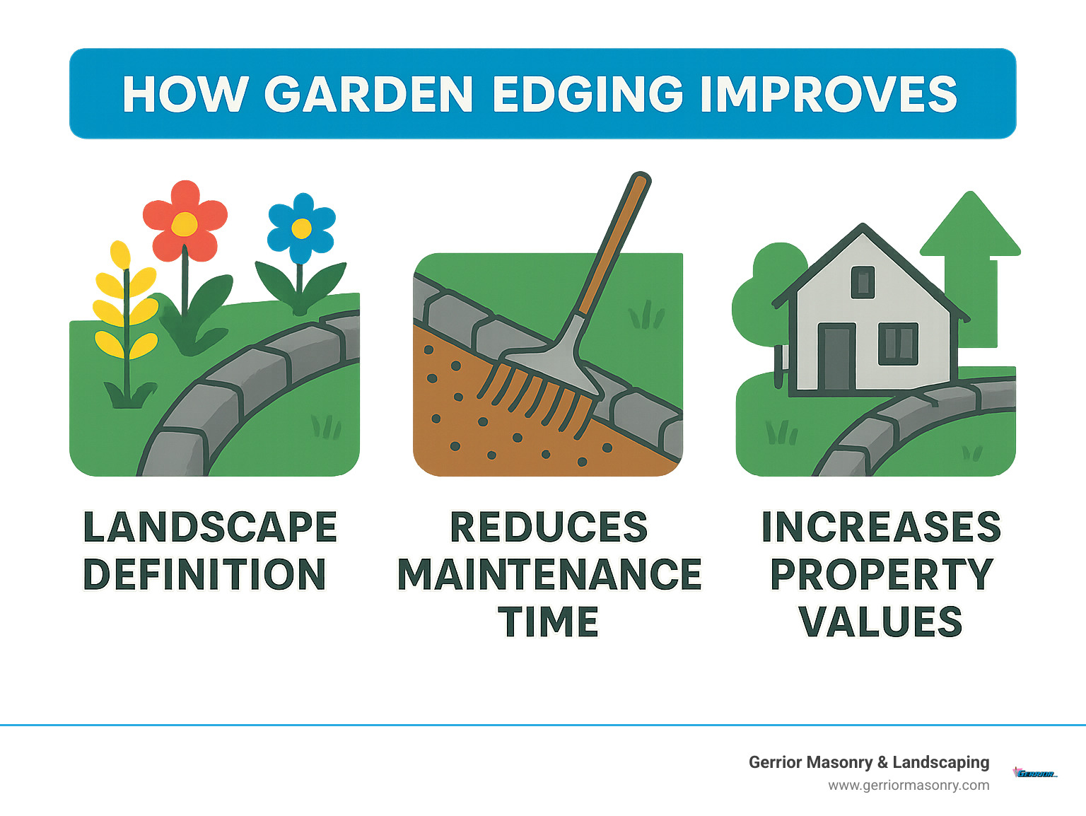 Edging Stones to Define and Refine Your Garden 3 How garden edging improves landscape definition, reduces maintenance time, and increases property values - edge stones for gardens infographic