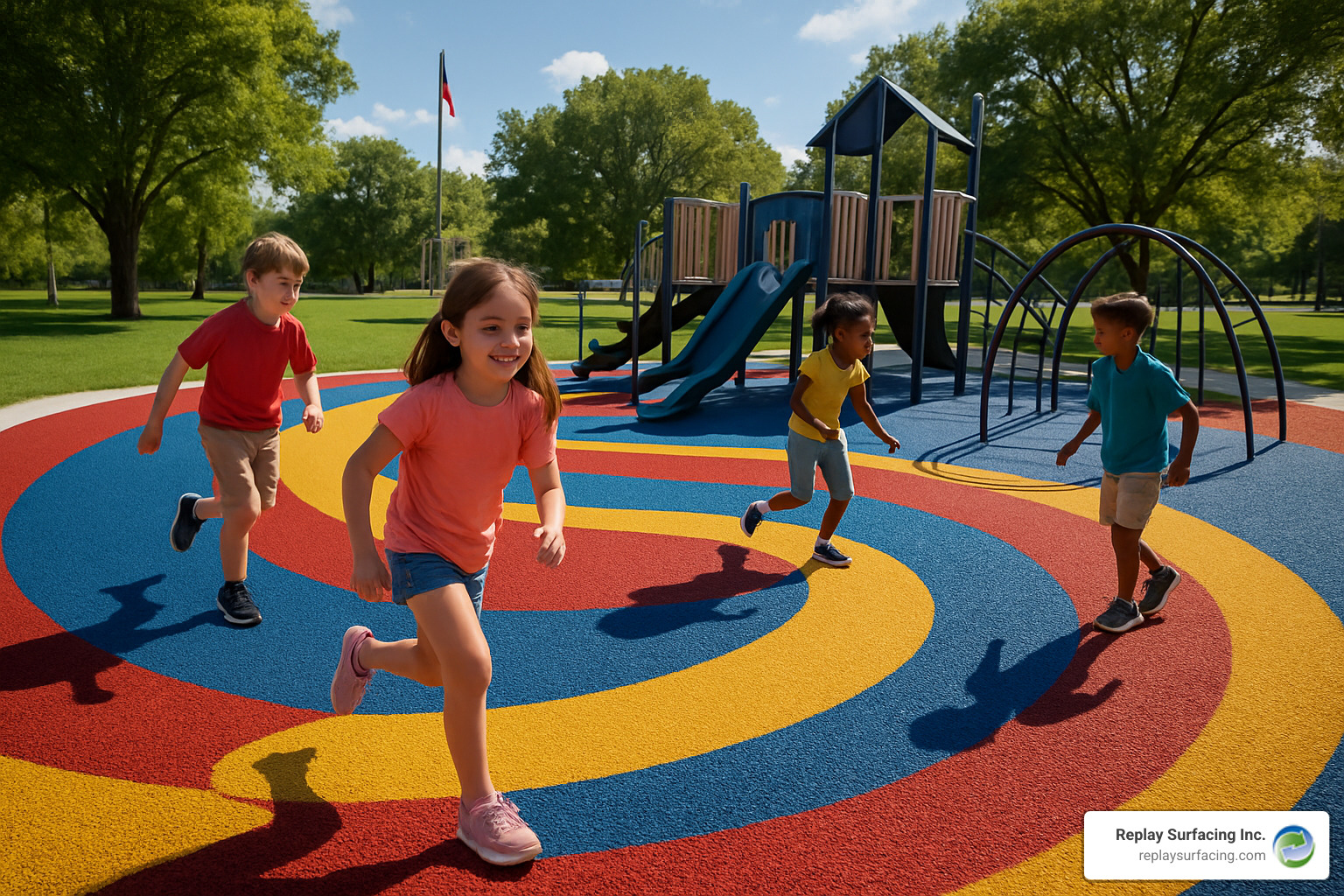 colorful swirl design playground surface - resin bound rubber mulch