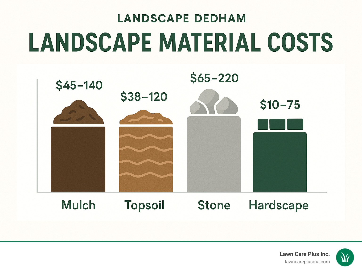 Comparison chart of landscape material costs showing price ranges for mulch, topsoil, stone, and hardscape materials - landscape dedham infographic 