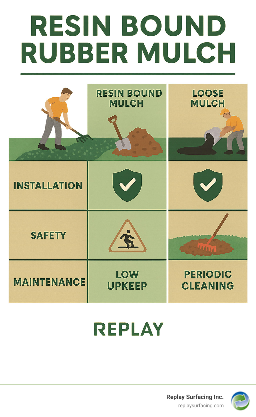 Comparison of resin bound rubber mulch showing installation process, safety benefits, and maintenance requirements versus traditional loose mulch and wet pour rubber - resin bound rubber mulch infographic 