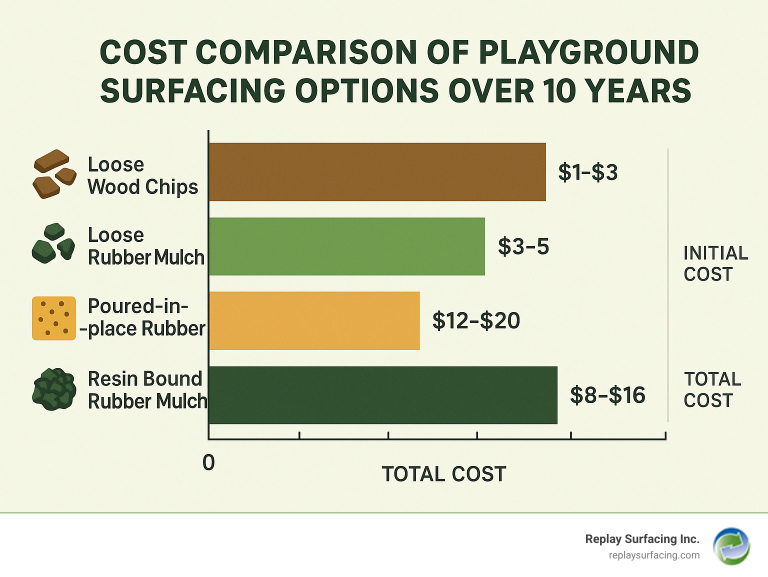 Cost comparison of playground surfacing options over 10 years - resin bound rubber mulch infographic 