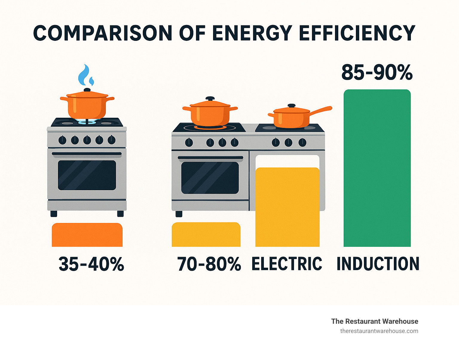 Comparison of energy efficiency between gas, electric, and induction ranges showing induction at 85-90% efficiency, electric at 70-80%, and gas at 35-40% - restaurant cooking ranges infographic 