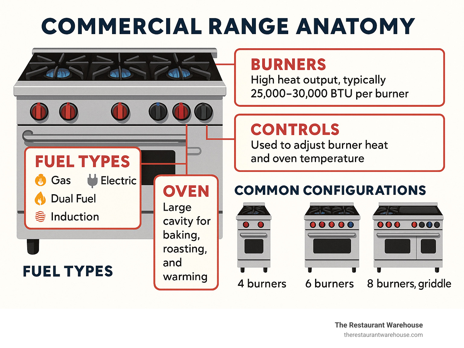 Commercial range anatomy showing burners, oven, controls, and configuration options with detailed labels for each component and explanation of BTU ratings, fuel types, and common configurations - restaurant cooking ranges infographic 
